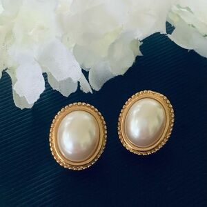 “ Marvella” Faux Pearl Oval Goldtone Pierced Earrings
